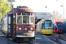 The three current types of tram in service in Adelaide.JPG
