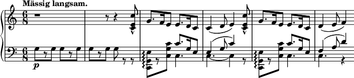  \relative c' { \new PianoStaff << \new Staff { \key a \minor \time 6/8 \tempo \markup { \column { \line { Mässig langsam. } } } r1 r8 r4 <c e c'>8-^ g'8. f16 e8 e8. d16 c8 c4( d8 e4) <c e c'>8-^ g'8. f16 e8 e8. d16 c8 d4( e8 f4) } \new Staff { \key a \minor \time 6/8 \clef bass << { s8 s s s s s s s s s s s s s s c8.[ g16 e8] e4( g8 c4) s8 s s s c8.[ g16 e8] f4( a8 d4) } \\ { g,8\p[ r g] g[ r g] g[ r g] g r r <c,, g' e'>8[ \arpeggio r <c' g' c>] c4. c4.~ c4 r8 <c, g' e'>8[ \arpeggio r <c' g' c>] c4. c4. r4 } >> } >> } 