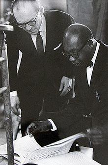 George Walker (holding the score) going over his Address for Orchestra with Benjamin Steinberg of the Symphony of the New World, 1968