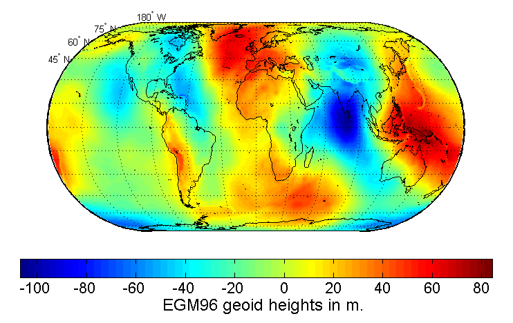 Map of the undulation of the geoid in meters (based on the EGM96 gravity model and the WGS84 reference ellipsoid).[3]