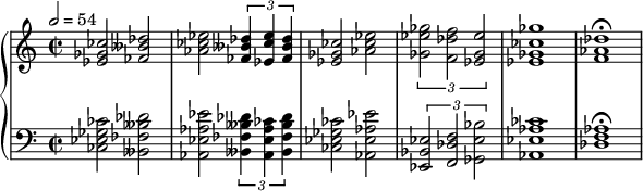 { \new PianoStaff << \new Staff = "RH" \relative c' { \clef treble \time 2/2 \tempo 2 = 54 < ces' ges ees >2 <des beses fes > < ees ces aes > \times 2/3 { < des beses fes >4 < ees ces ees, > < des beses fes >} <ces ges ees >2 < ees ces aes > \times 2/3 { <ges ees ges,>2 <f des f,> <ees ges, ees> } <ges ces, ges ees>1 <des aes f> \fermata } \new Staff = "LH" \relative c' { \clef bass <ces ges ees ces>2 <des beses fes beses,> <ees aes, ees aes,> \times 2/3 { <des beses fes beses,>4 <ces aes ees aes,> <des beses fes beses,> } <ces ges ees ces>2 <ees aes, ees aes,> \times 2/3 { <ees, bes ees,>2 < f des f,> <bes ees, ges,> } <ces aes ees aes,>1 <aes f des > \fermata } >> }