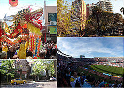 Clockwise from top: Chinese New Year celebrations in Chinatown, Barrancas de Belgrano, a typical residential street in Belgrano "R" and River Plate Stadium.