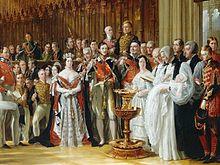 Queen Victoria and her family assembled in St George's Chapel, Windsor, for the baptism of her eldest son