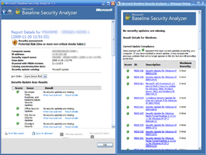 Screenshot of Microsoft Baseline Security Analyzer analysis result