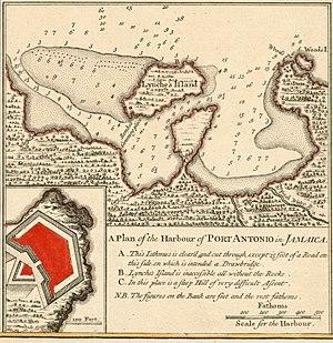 Port Antonio - crop of Les principales forteresses, ports &c. de lAmérique septentrionale (4071869633).jpg
