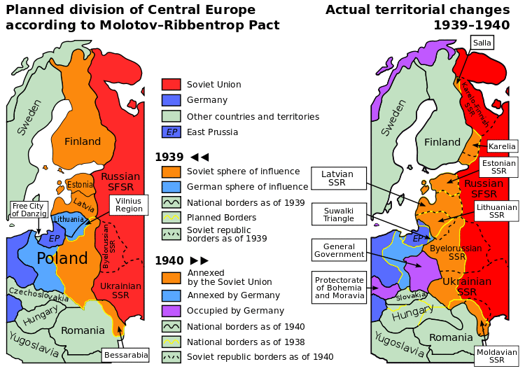 Planned and actual territorial changes in Central Europe: 1939–1940