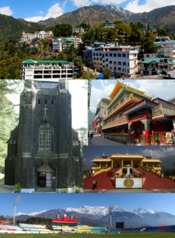 Clockwise from top: Skyline of Dharamsala, Main Street Temple – McLeod Ganj, Gyuto Karmapa, Himachal Pradesh Cricket Association Stadium and St. John's Church