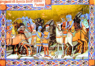 King on white horse with soldiers and horses