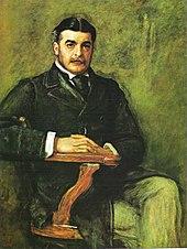 Painting of Sullivan, seated with one leg crossed over the other, looking intently at the artist