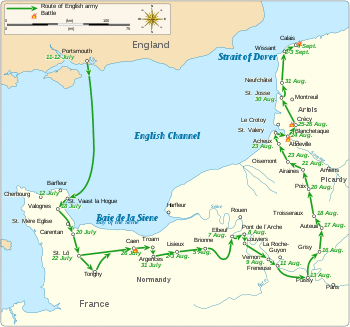 A map of south east England and north east France showing the route of the English army