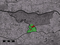 The village (red) and the statistical district (light green) of Nederhemert in the municipality of Zaltbommel.