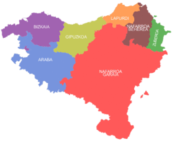 The seven historical provinces usually included in the definition the greater region of the Basque Country.