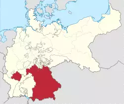 The Kingdom of Bavaria within the German Empire with the exclave of Palatinate