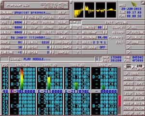 Screenshot of ProTracker 3.62, playing a module file called "physical presence" by artist Jogeir Liljedahl.