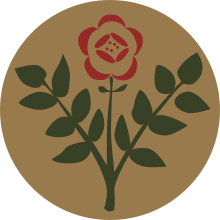 A stylised red rose on a green stem with leaves against a khaki background