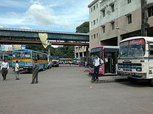 Many buses, mostly blue-and-orange