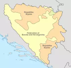 Location of the Federation of Bosnia and Herzegovina (yellow) within Bosnia and Herzegovina. Brčko District is shown in pale green.a