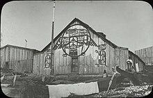 Kwakwaka'wakw house decorated with three designs, Fort Rupert, 1885