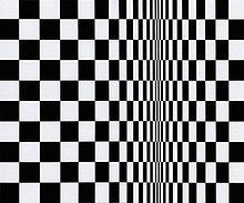 Black and light grey checkered pattern of squares that is horizontally shrunk at one third to the right side of the image