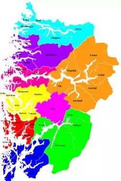 Districts of Vestland:.mw-parser-output .legend{page-break-inside:avoid;break-inside:avoid-column}.mw-parser-output .legend-color{display:inline-block;min-width:1.25em;height:1.25em;line-height:1.25;margin:1px 0;text-align:center;border:1px solid black;background-color:transparent;color:black}.mw-parser-output .legend-text{}   Nordfjord .mw-parser-output .legend{page-break-inside:avoid;break-inside:avoid-column}.mw-parser-output .legend-color{display:inline-block;min-width:1.25em;height:1.25em;line-height:1.25;margin:1px 0;text-align:center;border:1px solid black;background-color:transparent;color:black}.mw-parser-output .legend-text{}   Sunnfjord .mw-parser-output .legend{page-break-inside:avoid;break-inside:avoid-column}.mw-parser-output .legend-color{display:inline-block;min-width:1.25em;height:1.25em;line-height:1.25;margin:1px 0;text-align:center;border:1px solid black;background-color:transparent;color:black}.mw-parser-output .legend-text{}   Inner Sogn .mw-parser-output .legend{page-break-inside:avoid;break-inside:avoid-column}.mw-parser-output .legend-color{display:inline-block;min-width:1.25em;height:1.25em;line-height:1.25;margin:1px 0;text-align:center;border:1px solid black;background-color:transparent;color:black}.mw-parser-output .legend-text{}   Outer Sogn .mw-parser-output .legend{page-break-inside:avoid;break-inside:avoid-column}.mw-parser-output .legend-color{display:inline-block;min-width:1.25em;height:1.25em;line-height:1.25;margin:1px 0;text-align:center;border:1px solid black;background-color:transparent;color:black}.mw-parser-output .legend-text{}   Nordhordland .mw-parser-output .legend{page-break-inside:avoid;break-inside:avoid-column}.mw-parser-output .legend-color{display:inline-block;min-width:1.25em;height:1.25em;line-height:1.25;margin:1px 0;text-align:center;border:1px solid black;background-color:transparent;color:black}.mw-parser-output .legend-text{}   Midthordland .mw-parser-output .legend{page-break-inside:avoid;break-inside:avoid-column}.mw-parser-output .legend-color{display:inline-block;min-width:1.25em;height:1.25em;line-height:1.25;margin:1px 0;text-align:center;border:1px solid black;background-color:transparent;color:black}.mw-parser-output .legend-text{}   Sunnhordland .mw-parser-output .legend{page-break-inside:avoid;break-inside:avoid-column}.mw-parser-output .legend-color{display:inline-block;min-width:1.25em;height:1.25em;line-height:1.25;margin:1px 0;text-align:center;border:1px solid black;background-color:transparent;color:black}.mw-parser-output .legend-text{}   Hardanger .mw-parser-output .legend{page-break-inside:avoid;break-inside:avoid-column}.mw-parser-output .legend-color{display:inline-block;min-width:1.25em;height:1.25em;line-height:1.25;margin:1px 0;text-align:center;border:1px solid black;background-color:transparent;color:black}.mw-parser-output .legend-text{}   Voss