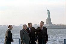 Gorbachev and Reagan in front of the Statue of Liberty