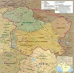 A map of the disputed Kashmir region with the two Pakistani-administered territories shown in green