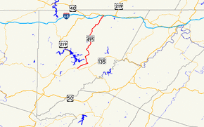 A map of far western Maryland showing major roads. Maryland Route 495 connects MD 135 with I-68 and US 40 Alt. in central Garrett County.