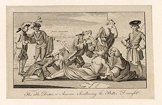 A Patriot cartoon depicting the Coercive Acts as the forcing of tea on a Native American woman (a symbol of the American colonies), who is lying down, was copied and distributed in the Thirteen Colonies. Others watch and a man, believed to be Lord Sandwich, pins down her feet and peers up her skirt. The caption of the cartoon itself is "The able Doctor or America swallowing the Bitter Draught."
