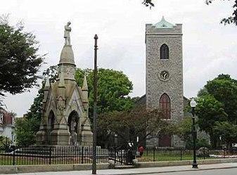 Soldier's Monument and First Unitarian Universalist Church in Jamaica Plain