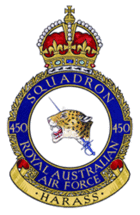 Royal Australian Air Force crest depicting a jaguar's head couped, pierced by a rapier in hand; the jaguar's head symbolises 'death and destruction wrought by the enemy'; the rapier symbolises 'offensive action taken by the squadron'; the motto beneath reads "Harass" based on the squadron's nickname 'The Desert Harassers'