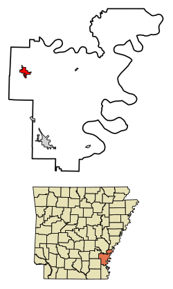 Location of Dumas in Desha County, Arkansas.