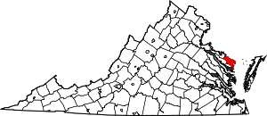 Map of Virginia highlighting Northumberland County