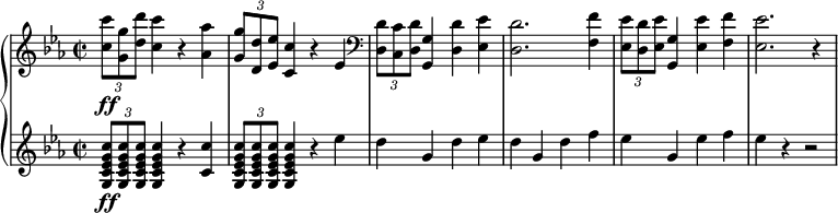  { \new PianoStaff << \new Staff \relative c'' { \set Staff.midiInstrument = #"piano" \key c \minor \clef treble \time 2/2 \set Score.tempoHideNote = ##t \tempo 2 = 95 \once \override TupletBracket #'stencil = ##f \times 2/3 { <c c'>8 \ff <g g'>8 <d' d'>8 } <c c'>4 r4 <as as'>4 | % 2 \once \override TupletBracket #'stencil = ##f \times 2/3 { <g g'>8 <d d'>8 <es es'>8 } <c c'>4 r4 es4 | % 3 \clef "bass" \once \override TupletBracket #'stencil = ##f \times 2/3 { <d, d'>8 <c c'>8 <d d'>8 } <g, g'>4 <d' d'>4 <es es'>4 | % 4 <d d'>2. <f f'>4 | % 5 \once \override TupletBracket #'stencil = ##f \times 2/3 { <es es'>8 <d d'>8 <es es'>8 } <g, g'>4 <es' es'>4 <f f'>4 | % 6 <es es'>2. r4 } \new Staff \relative g { \set Staff.midiInstrument = #"piano" \key c \minor \clef treble \time 2/2 \once \override TupletBracket #'stencil = ##f \times 2/3 { <g c es g c>8 \ff <g c es g c>8 <g c es g c>8 } <g c es g c>4 r4 <c c'>4 | % 2 \once \override TupletBracket #'stencil = ##f \times 2/3 { <g c es g c>8 <g c es g c>8 <g c es g c>8 } <g c es g c>4 r4 es''4 d4 g,4 d'4 es4 | % 4 d4 g,4 d'4 f4 | % 5 es4 g,4 es'4 f4 | % 6 es4 r4 r2 } >> } 