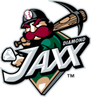 A logo depicting a miner with a pickax in place of a bat holding out a diamond as if prepared to toss it up in the air and take a swing at it