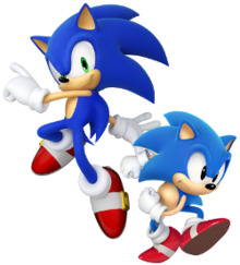 Two anthropomorphic, cartoon blue hedgehogs wearing red shoes. The one on the left is taller and slimmer, while the one on the right is shorter and portly.