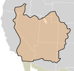 The boundaries of the provisional State of Deseret (orange with black outline) as proposed in 1849. Modern state boundaries are underlaid for reference.