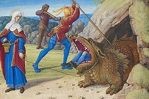 St. Martha clearly holding an aspergillum and bucket, with tarasque