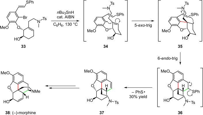 Scheme 7. Cascade radical cyclization in the synthesis of (–)-morphine