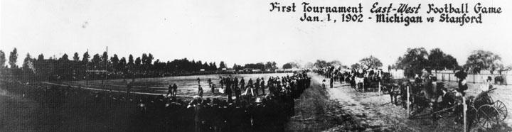 Panoramic shot of 1st Rose Bowl Game, held in 1902 at Tournament Park