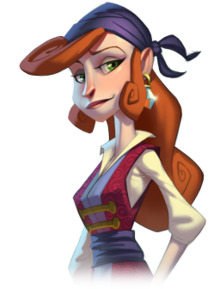 A woman depicted in a stylized art form. Possessing long red hair and green eyes, the woman wears a traditional pirate outfit with a blue headscarf. An earring with a large diamond hangs from her left ear.
