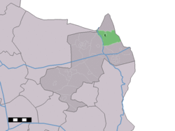 The town centre (dark green) and the statistical district (light green) of Lattrop in the municipality of Dinkelland.