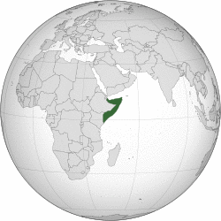 Area controlled by Somalia shown in dark green; claimed but uncontrolled Somaliland⁠ (a self-declared but unrecognized state internationally considered to be part of Somalia) shown in light green. n.b., zones of control are approximate at this time.