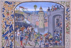Colourful medieval image of a town being stormed by an English army