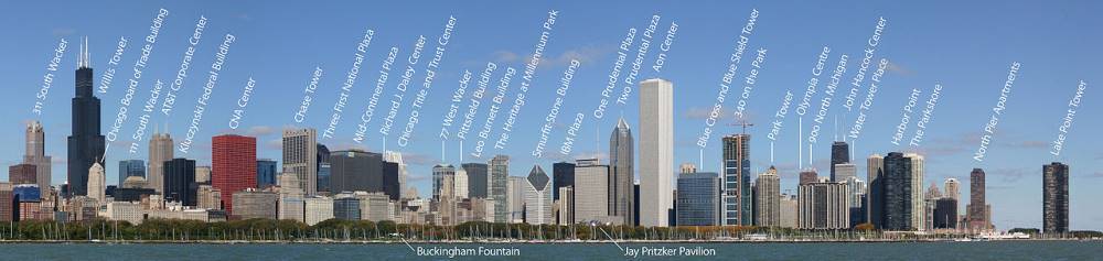 The skyline of a city with many large skyscrapers; in the foreground is a green park and a lake with many sailboats moored on it. Over 30 of the skyscrapers and some park features are labeled.