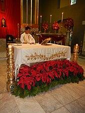 A dozen poinsettias sit on the ground in front of a tablecloth draped in white. A man in white stands behind the table; the altar is in the background.