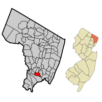 Map highlighting Moonachie's location within Bergen County. Inset: Bergen County's location within New Jersey.