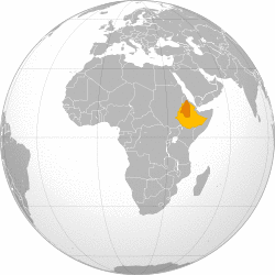 The location of the Ethiopian Empire during the reign of Yohannes IV (dark orange) compared with modern day Ethiopia (orange)