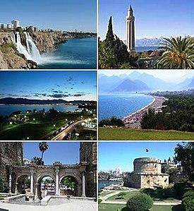 Upper: Düden Waterfalls and Yivliminare Mosque Middle: Falez Park and Konyaaltı Beach Under: Hadrian's Gate and Hıdırlık Tower