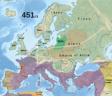A colored drawing of Europe in 451 A.D., showing the borders of states at the time of Attila by different colors, with the Roman Empire in purple, and the Hunnic Confederation by name