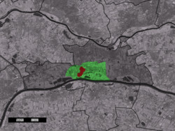 The town centre (red) and the statistical district (light green) of Ochten in the municipality of Neder-Betuwe.
